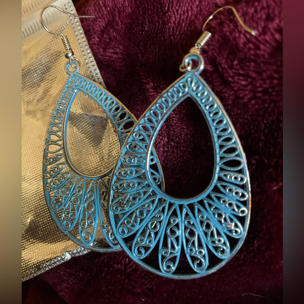 Paparazzi Blue and Silver Boho style earring - 2.5” long teardrop shape - Picture 1 of 3
